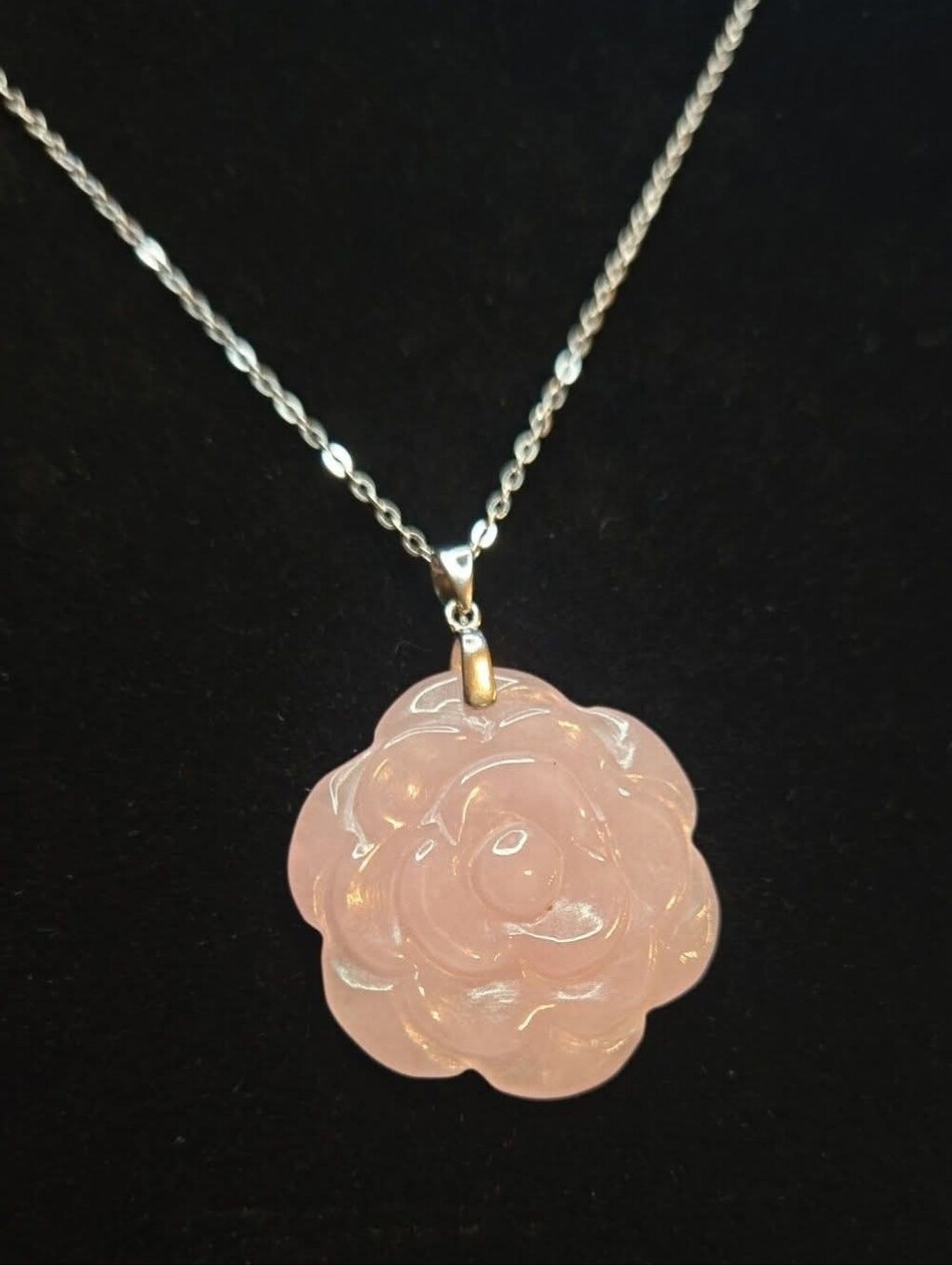 TRIVIA PRIZE 40 Ctw Pink Jade Carved Rose Floral Pendant in Rhodium on Sterling.